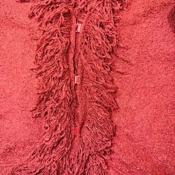 Vintage Y2K Shaggy Fringe Trim Knit Cardigan Burgundy Boho Whimsygoth Red Medium - Picture 9 of 11